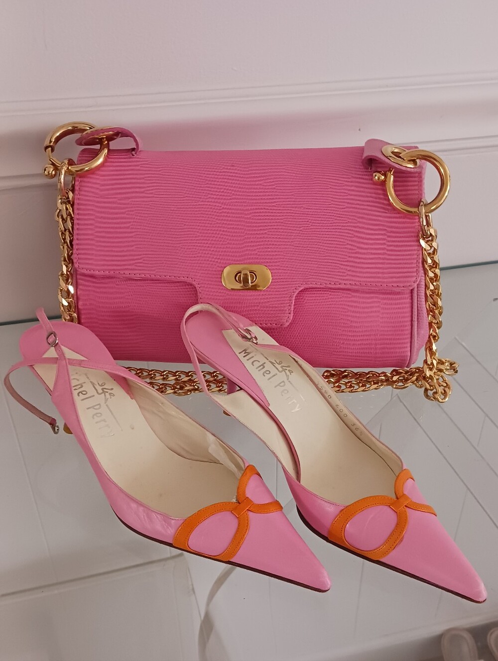 Michel Perry Pink Slingback Pointed Flats with Orange Trim 6